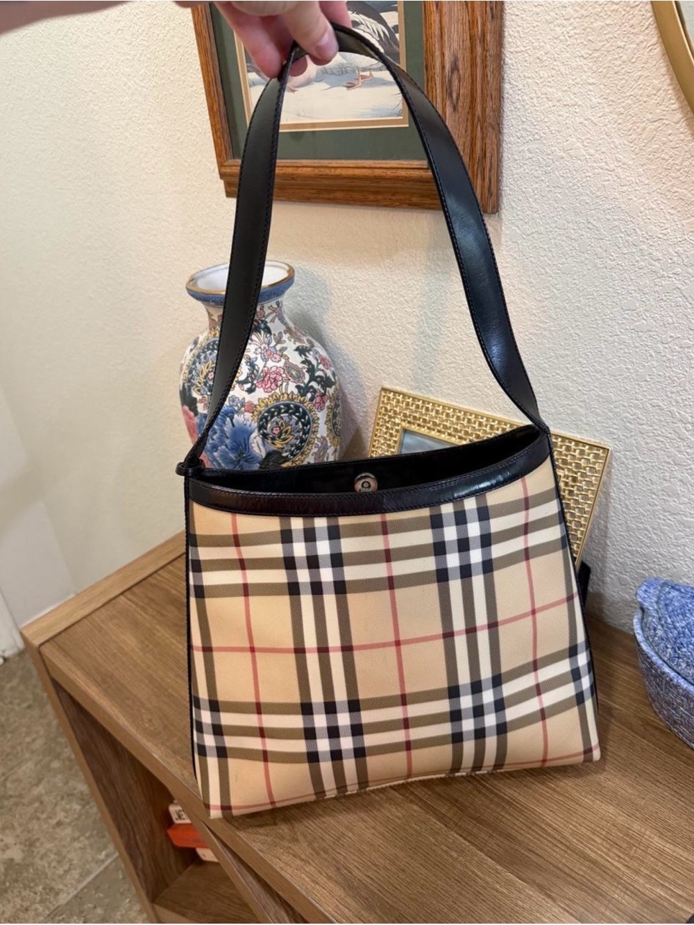 Burberry Beige Check Shoulder Bag with Black Trim